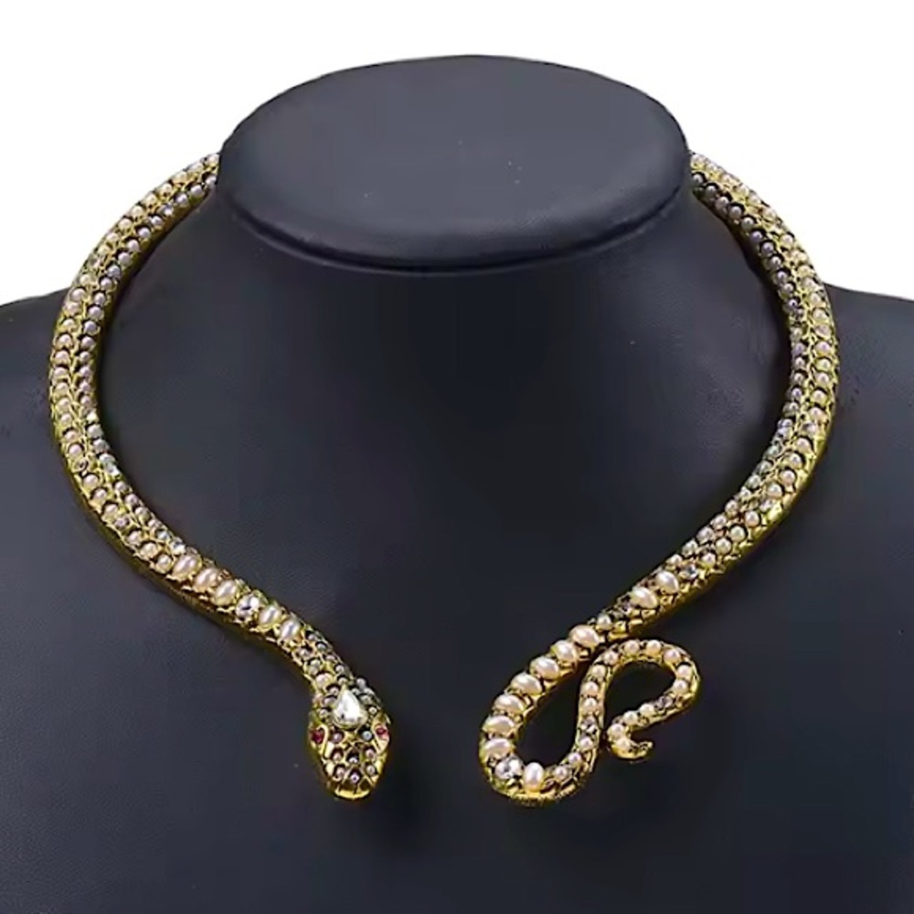 Vintage Pearl Snake Moissanita Stone Necklace Choker Viper Animal Jewelry
